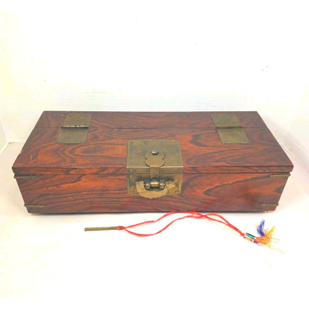 Vintage Asian Wood & Brass Accent Chest w/ Fish Padlock And key